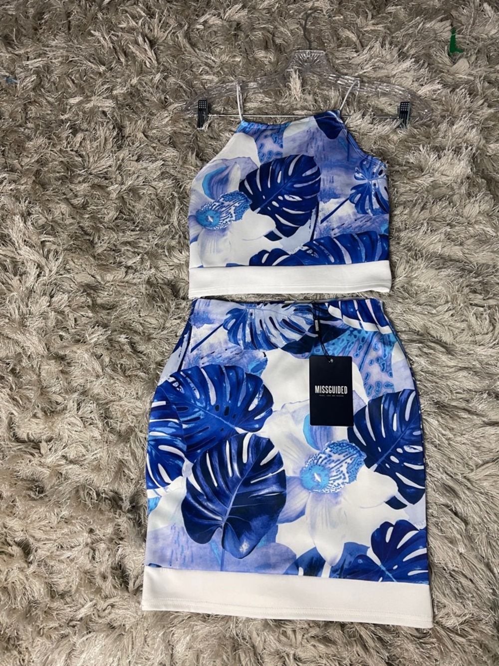 Missguided White and Blue Tropical Print 2 Piece Top and Skirt Set Beach Resort